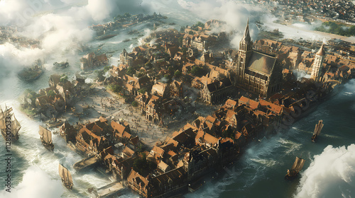 Realistic aerial view photography of an illusory city. Illusory. Illustration
