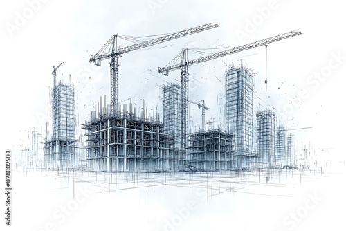 under construction site engineering with tower crane architecture civil 3D illustration line
