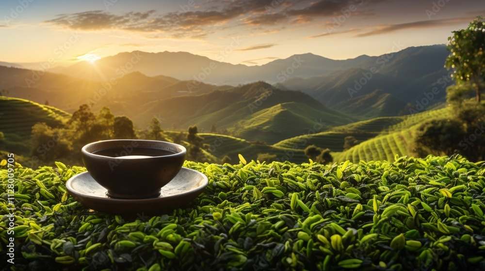 A bowl of green tea leaves with a beautiful sunrise over rolling green fields A bowl of green tea leaves with a beautiful sunrise over rolling green fields
