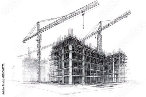 under construction site engineering with tower crane architecture civil 3D illustration line
