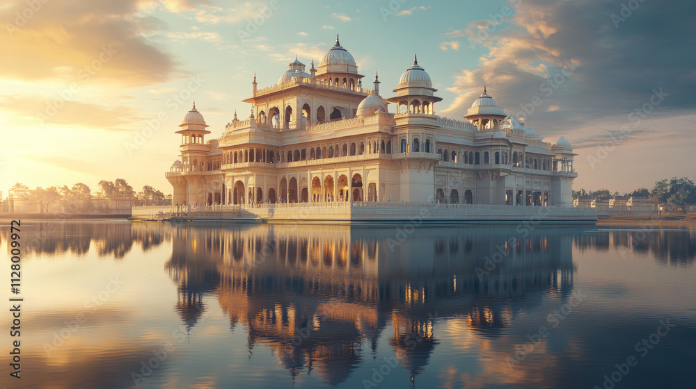 Fototapeta premium grand Indian palace stands tall, reflecting in calm waters during serene morning, surrounded by soft sunlight and tranquil atmosphere