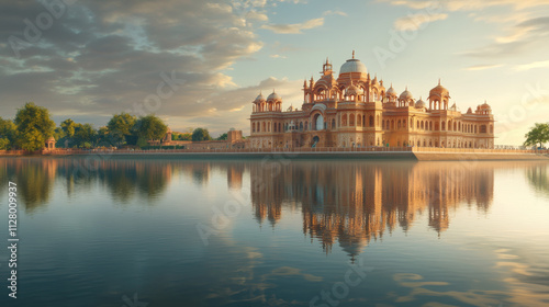 grand Indian palace stands tall by serene lake, reflecting its intricate architecture in calm water under soft morning light, evoking sense of tranquility and awe