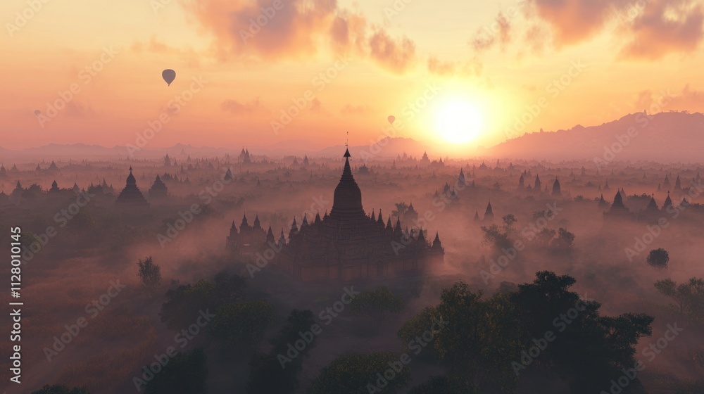 Obraz premium Sunrise over misty temples, hot air balloons.