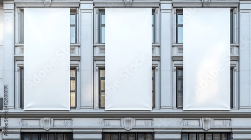 Blank white vertical banners on building facade design lockup Store flags mock up on the street Outdoor banners template on the side of the shop exterior Three signs hanging , HD image,