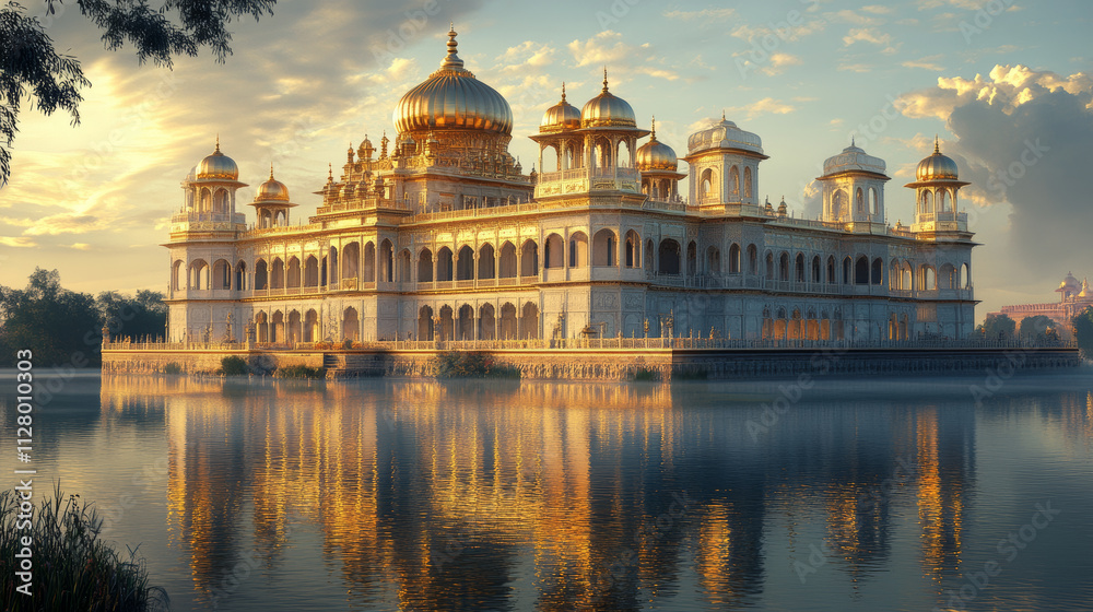 Fototapeta premium majestic palace with golden domes and intricate carvings reflects on serene lake, surrounded by lush greenery and bathed in warm sunlight, evoking sense of grandeur and tranquility