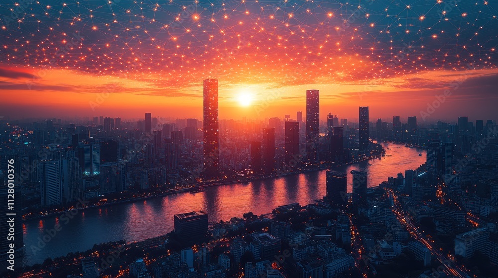 Sunrise over cityscape with futuristic network connection. Sunrise over cityscape with futuristic network connection.