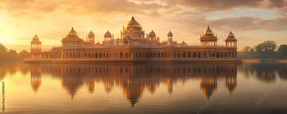 majestic Indian palace with gilded domes and intricate architecture reflects beautifully on serene lake during golden sunset, evoking sense of tranquility and grandeur majestic Indian palace with gilded domes and intricate architecture reflects beautifully on serene lake during golden sunset, evoking sense of tranquility and grandeur