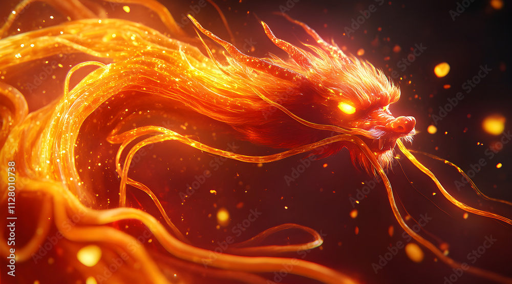 A vibrant, fiery dragon with luminous scales and flowing tendrils, exuding an aura of power and mystique against a dark background. A vibrant, fiery dragon with luminous scales and flowing tendrils, exuding an aura of power and mystique against a dark background.