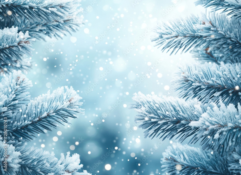 Abstract background with snow and ice, Christmas tree branches covered in frost on the top edge of the frame, bokeh lights Abstract background with snow and ice, Christmas tree branches covered in frost on the top edge of the frame, bokeh lights