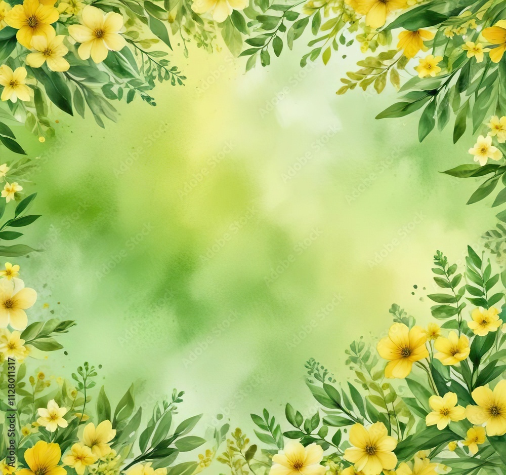 Yellow and green watercolor background with scattered spring elements, floral design, garden decorations, soft colors Yellow and green watercolor background with scattered spring elements, floral design, garden decorations, soft colors