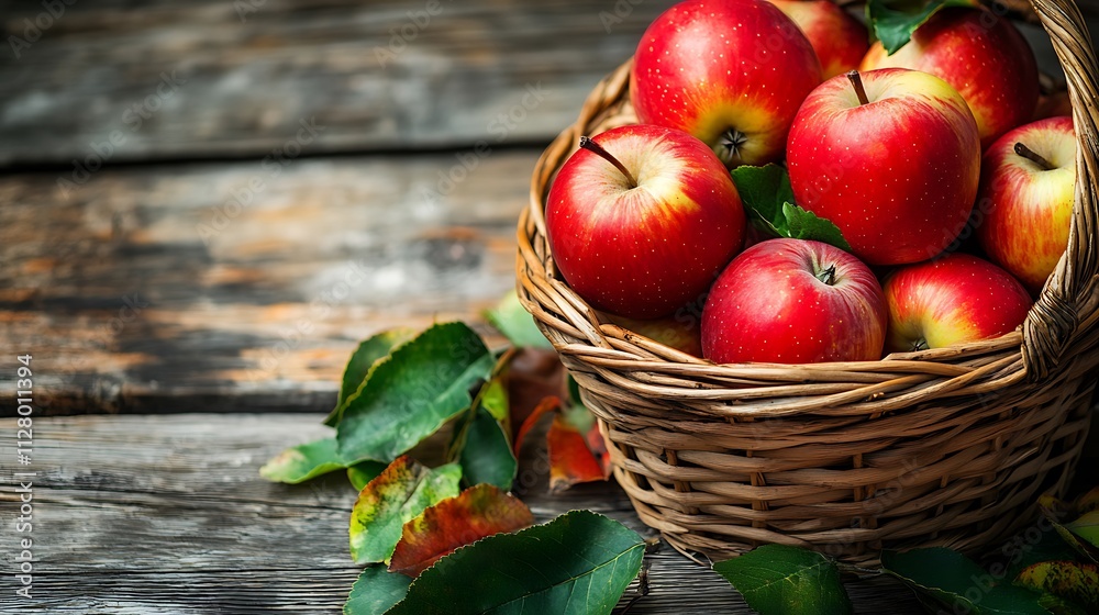 Red Apples in Basket on Wooden Table Red Apples in Basket on Wooden Table