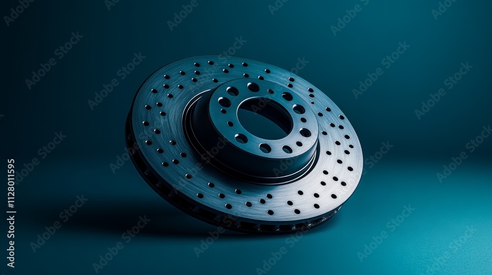 Close-up of a black perforated brake disc on a teal background. Close-up of a black perforated brake disc on a teal background.