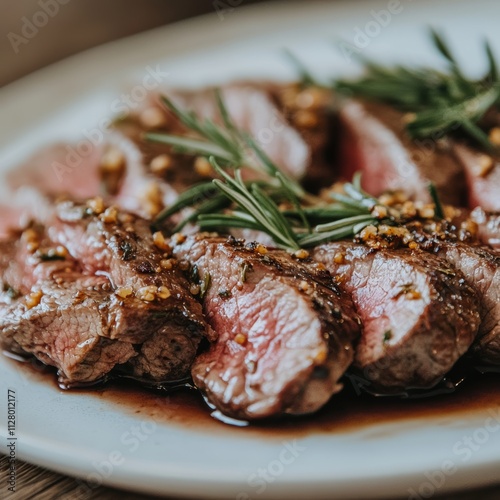 close-up shot of sliced steak with rosemary topping