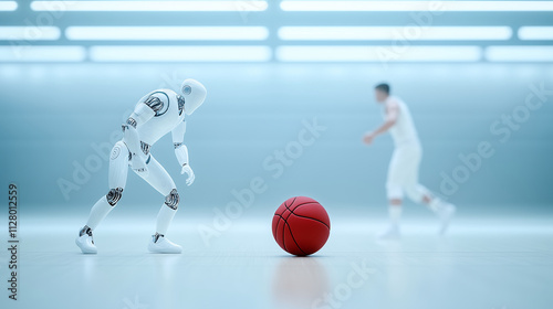 A humanoid robot versus a player in the middle of a basketball court.