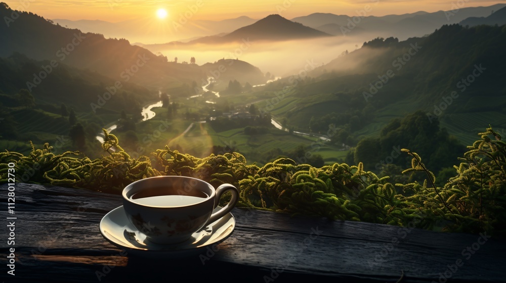 A serene sunrise with a cup of green tea and misty green hills A serene sunrise with a cup of green tea and misty green hills