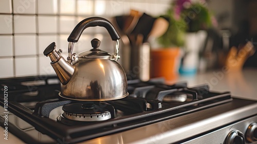 Vintage Silver Kettle on Gas Stove in Modern Kitchen Setting