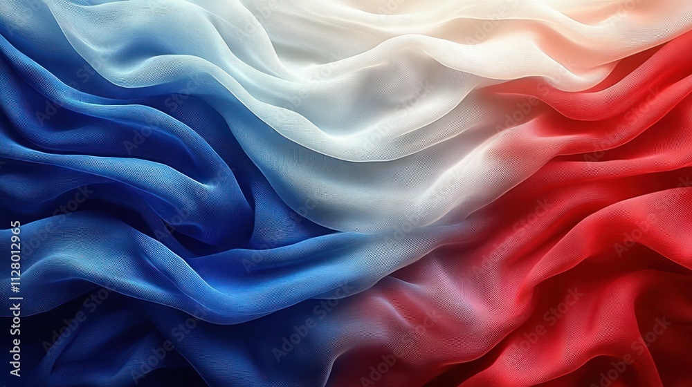 Fototapeta premium Abstract Texture Design of Wavy Silk Fabric in Blue, White, and Red Colors