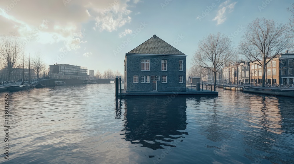 Fototapeta premium Houseboat on calm canal, city backdrop.