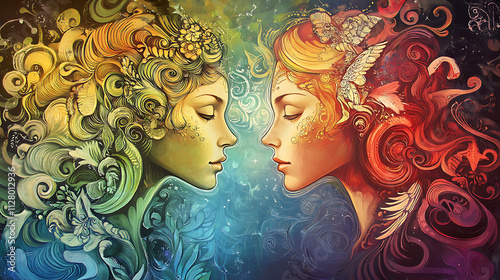 Artistic representation of Gemini twins with vibrant colors and intricate details