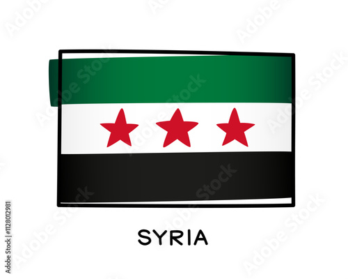 Flag of Syria of revolution. Colorful Syrian flag logo. Green, white and black brush strokes, hand drawn. Black outline