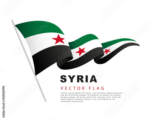 Colorful Syrian flag logo. The revolution flag of Syria hands on a flagpole and flutter in the wind