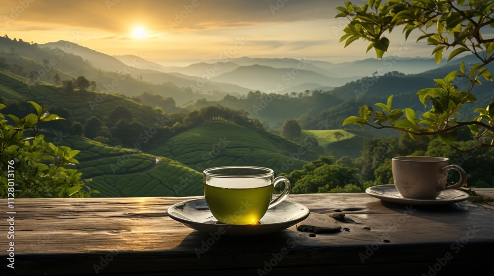 A serene scene with a cup of green tea and a sunrise over a green valley A serene scene with a cup of green tea and a sunrise over a green valley