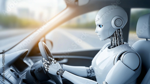 A humanoid robot sits in the driver's seat of a car.