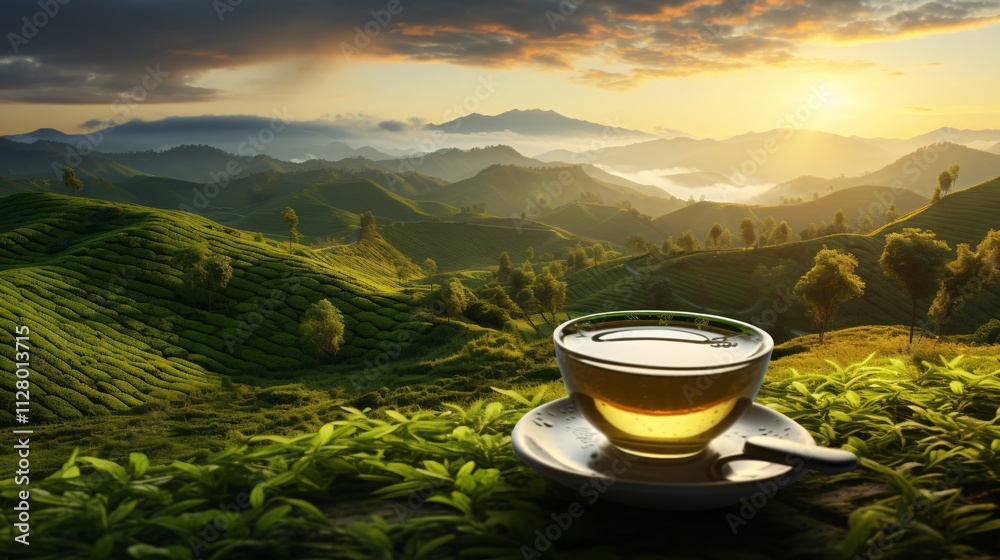 A cup of green tea with a beautiful sunrise over rolling green hills A cup of green tea with a beautiful sunrise over rolling green hills