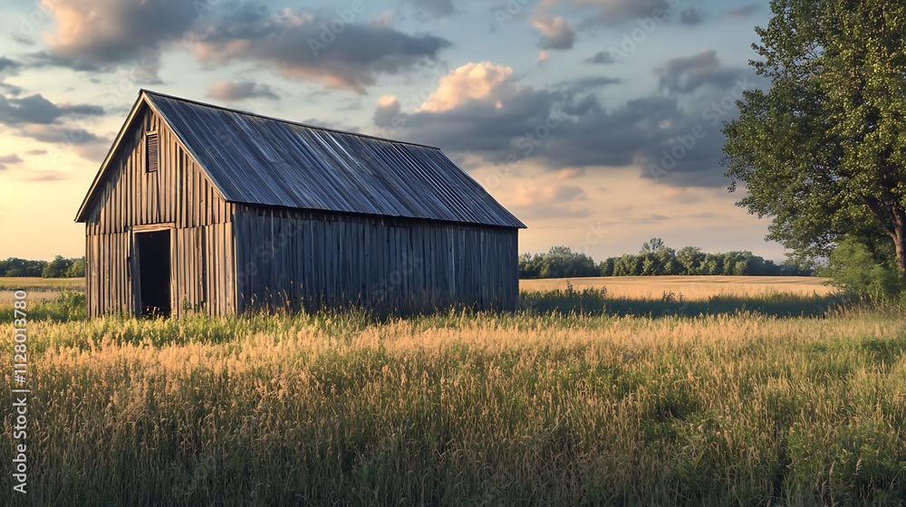 Rustic Wooden Barn in a Golden Wheat Field at Sunset. Concept of rural charm, tranquility, and nostalgia. Rustic Wooden Barn in a Golden Wheat Field at Sunset. Concept of rural charm, tranquility, and nostalgia.