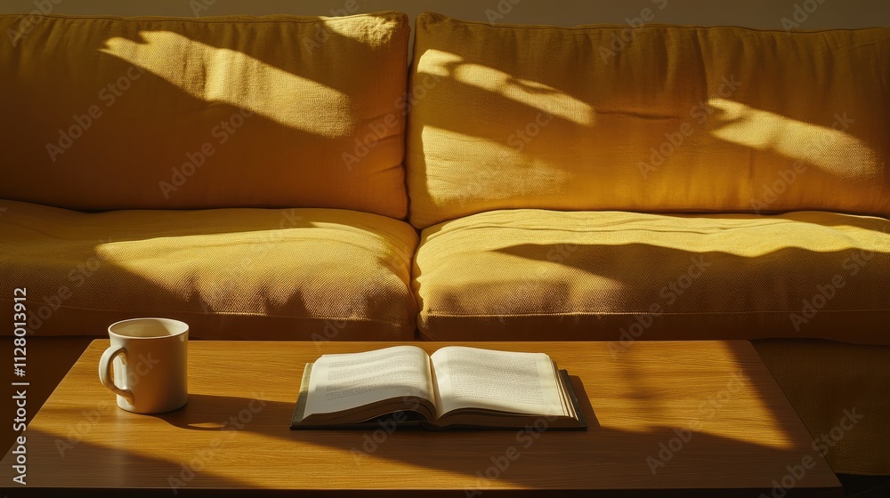 Cozy Living Room Scene with Open Book and Coffee Mug on Table Cozy Living Room Scene with Open Book and Coffee Mug on Table