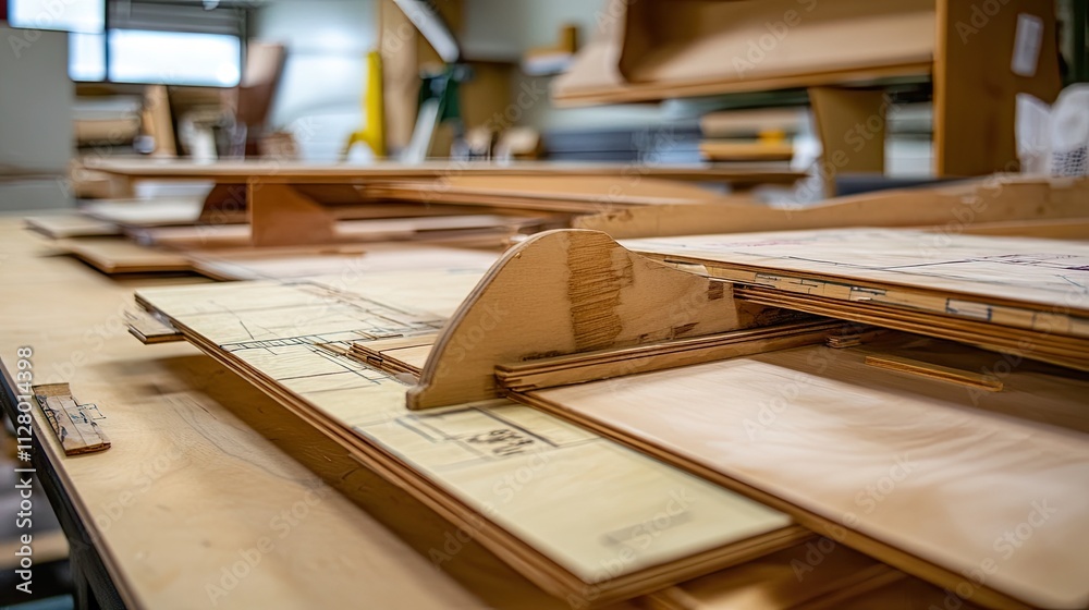 Wooden Material Layout in Workshop for Design and Crafting Projects Wooden Material Layout in Workshop for Design and Crafting Projects