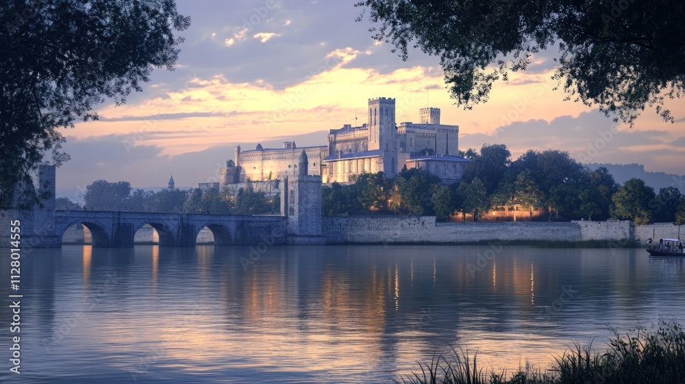 Sunset, castle, bridge, river, serene. Sunset, castle, bridge, river, serene.