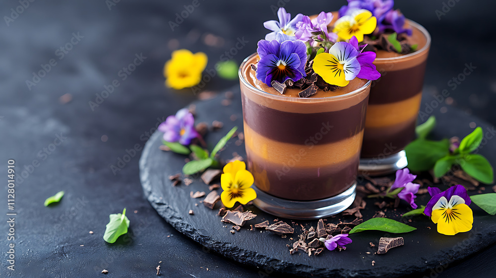 Delicious layered chocolate mousse with edible flowers and chocolate shavings Delicious layered chocolate mousse with edible flowers and chocolate shavings