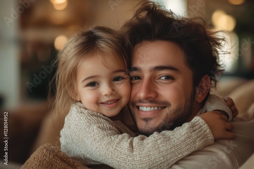 Father and Son Bonding in Cozy Living Room Cuddling on Sofa