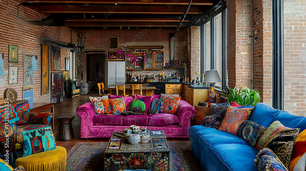 Obraz premium vibrant Bohemian style living room with eclectic decor and colorful sofas