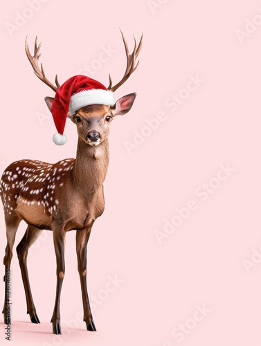 Elegant deer with santa hat against a soft holiday background photo