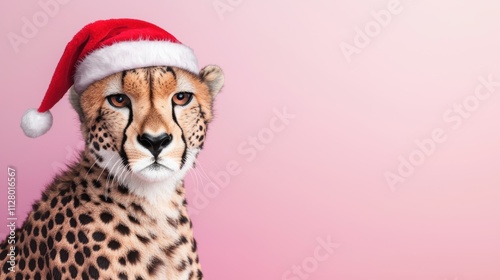 Cheetah celebrates christmas in a festive santa hat portrait photo