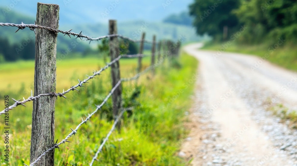 A rustic dirt road stretches alongside a barbed wire fence, with vibrant green hills in the background under clear skies A rustic dirt road stretches alongside a barbed wire fence, with vibrant green hills in the background under clear skies