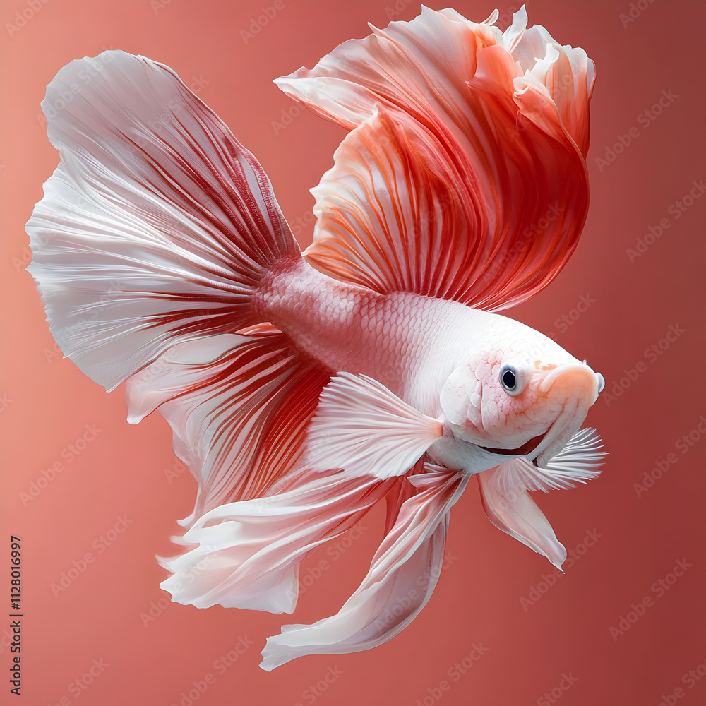 Majestic betta fish with flowing multicolored fins on soft red background Majestic betta fish with flowing multicolored fins on soft red background