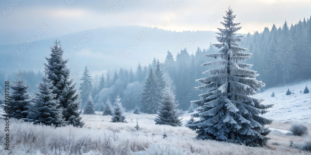 Serene Winter Landscape with Snow-Covered Pine Trees and Misty Forest Serene Winter Landscape with Snow-Covered Pine Trees and Misty Forest