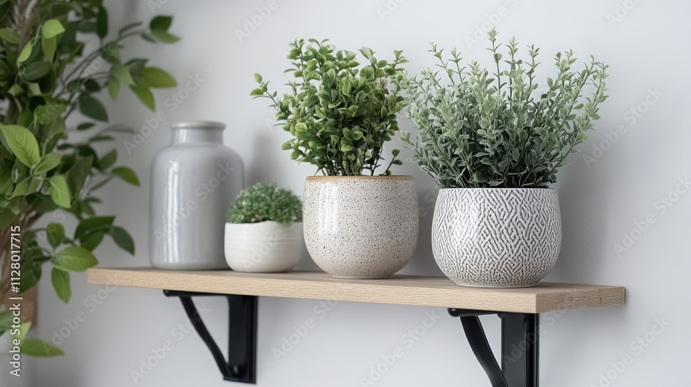 Modern Home Decor with Greenery on Minimalist Wooden Shelf Modern Home Decor with Greenery on Minimalist Wooden Shelf