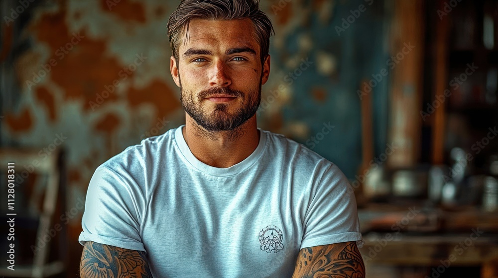 Portrait of a Male Volunteer with Tattoos in White T-Shirt in Rustic Setting Portrait of a Male Volunteer with Tattoos in White T-Shirt in Rustic Setting