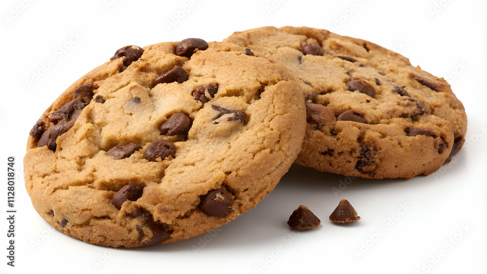 Two delicious chocolate chip cookies isolated on a white background, showcasing texture and rich chocolate, perfect for food ads and designs