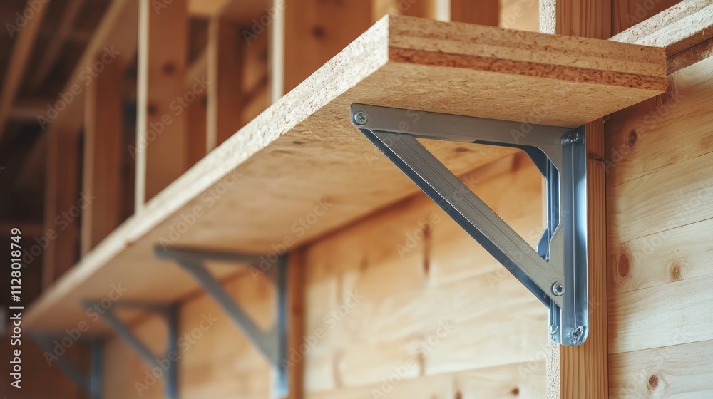 Modern wooden shelf with metal brackets in warm wooden interior Modern wooden shelf with metal brackets in warm wooden interior