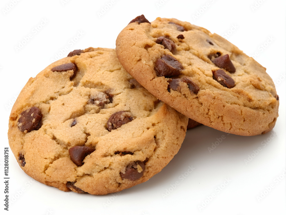 Two delicious chocolate chip cookies isolated on a white background, showcasing texture and rich chocolate, perfect for food ads and designs Two delicious chocolate chip cookies isolated on a white background, showcasing texture and rich chocolate, perfect for food ads and designs