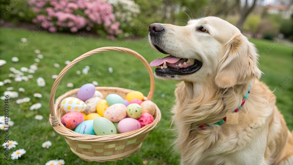 Golden Retriever dog carrying a basket full of colorful Easter eggs in a garden, representing spring, holidays, and festive cheer. Golden Retriever dog carrying a basket full of colorful Easter eggs in a garden, representing spring, holidays, and festive cheer.