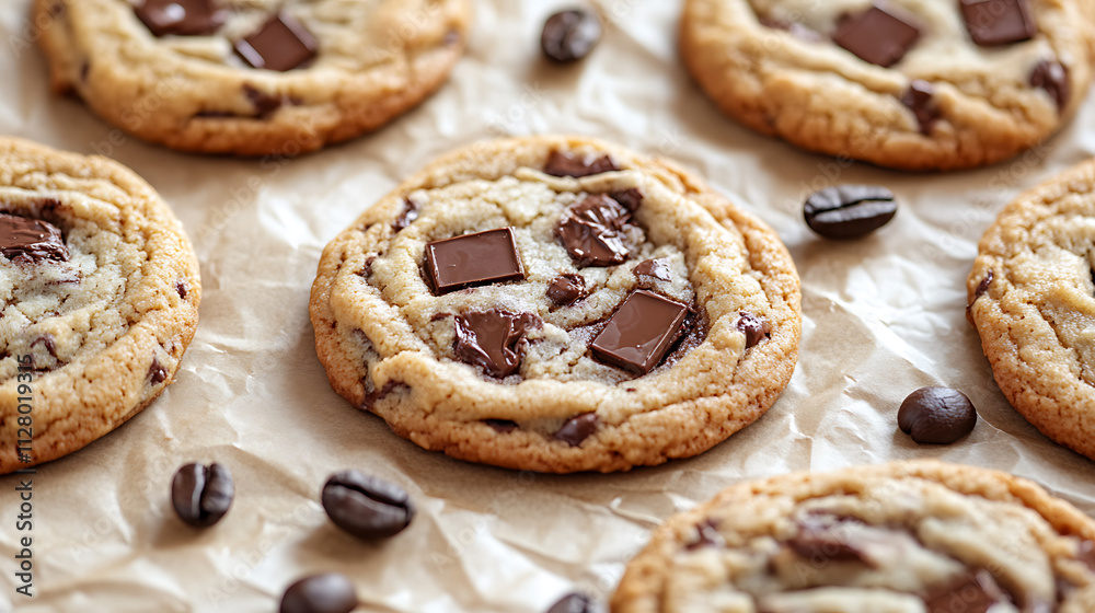 Freshly baked cookies with visible chocolate chunks and coffee beans Freshly baked cookies with visible chocolate chunks and coffee beans