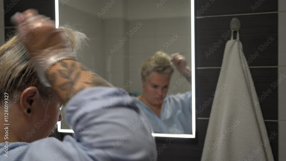 Blonde woman dyes her hair at home. Women's hair dyeing in the bathroom. Blonde woman dyes her hair at home. Women's hair dyeing in the bathroom.