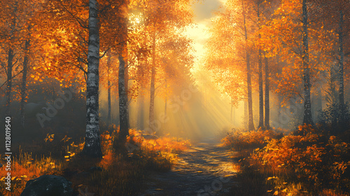 Golden Autumn Forest Path Sun Rays Birch Trees