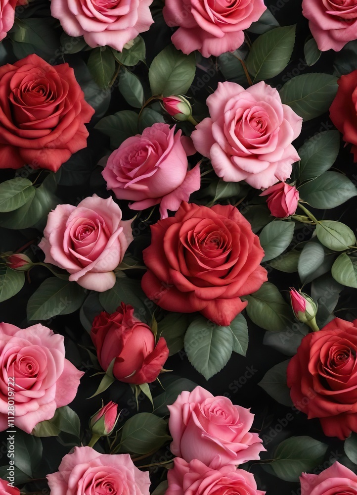 Seamless pattern of red and pink roses on a dark floral background, dramatic, mysterious Seamless pattern of red and pink roses on a dark floral background, dramatic, mysterious